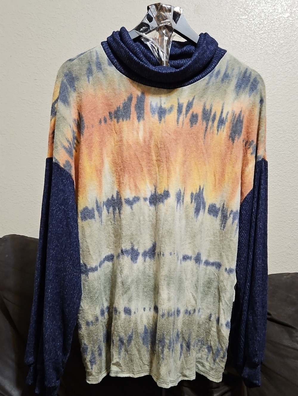 Tie-Dye Cowl Neck Sweater with Navy Accents